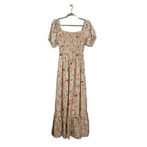 Baltic Born Women M Beige Floral Print Capri Smocked Maxi Dress Balloon Sleeve